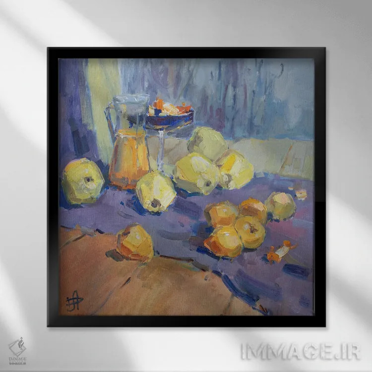 تابلو طبیعت بیجان به و خرمالو اثر کنتس آرت (هنرمند یا استودیو) - نمای قابدار مشکی