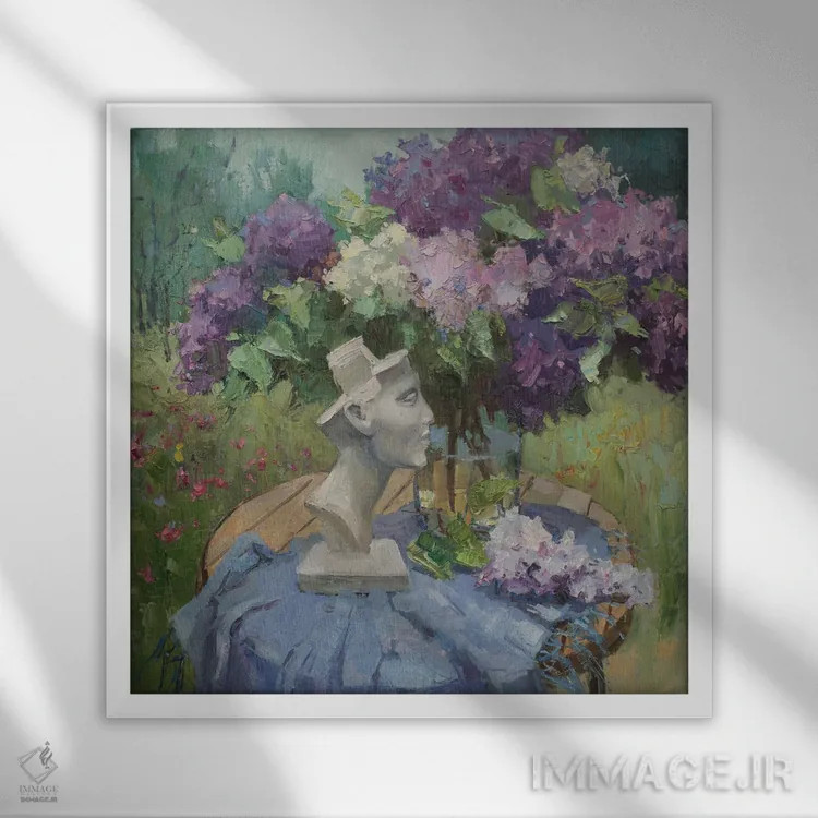 تابلو یاس بنفش با سر نفرتیتی اثر کنتس آرت (هنرمند یا استودیو) - نمای قابدار سفید