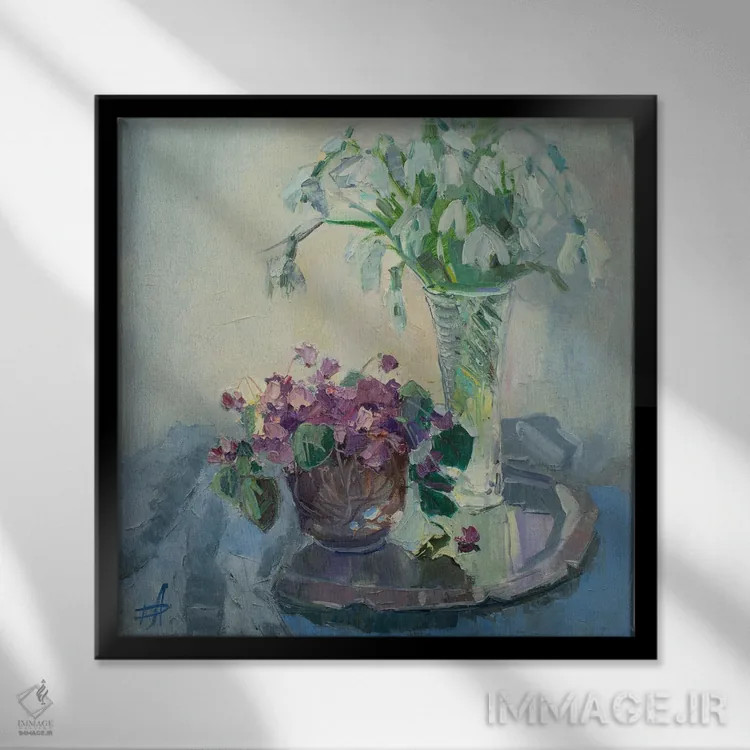 تابلو طبیعت بیجان سیکلامن و گل برفی اثر کنتس آرت (هنرمند یا استودیو) - نمای قابدار مشکی