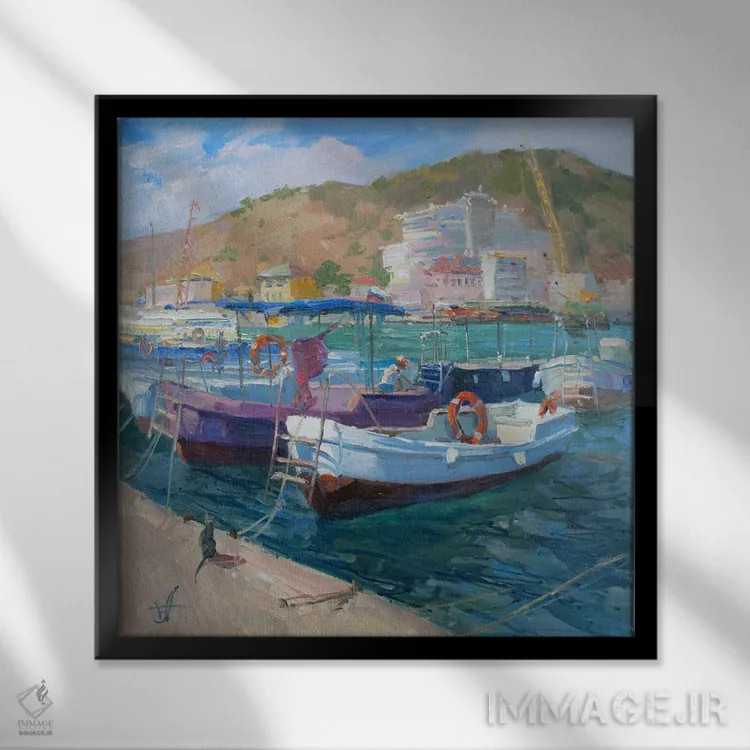 تابلو قایقهای تفریحی در لنگرگاه اثر کنتس آرت (هنرمند یا استودیو) - نمای قابدار مشکی