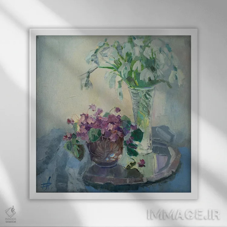 تابلو طبیعت بیجان سیکلامن و گل برفی اثر کنتس آرت (هنرمند یا استودیو) - نمای قابدار سفید