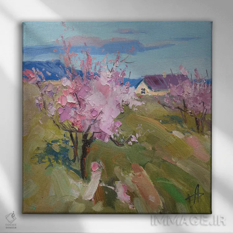تابلو شکوفههای هلو در بهار اثر کنتس آرت (هنرمند یا استودیو) - نمای روبهرو روی دیوار