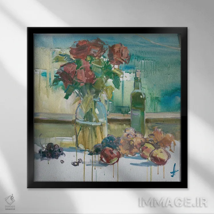تابلو گل رز روی تراس اثر کنتس آرت (هنرمند یا استودیو) - نمای قابدار مشکی