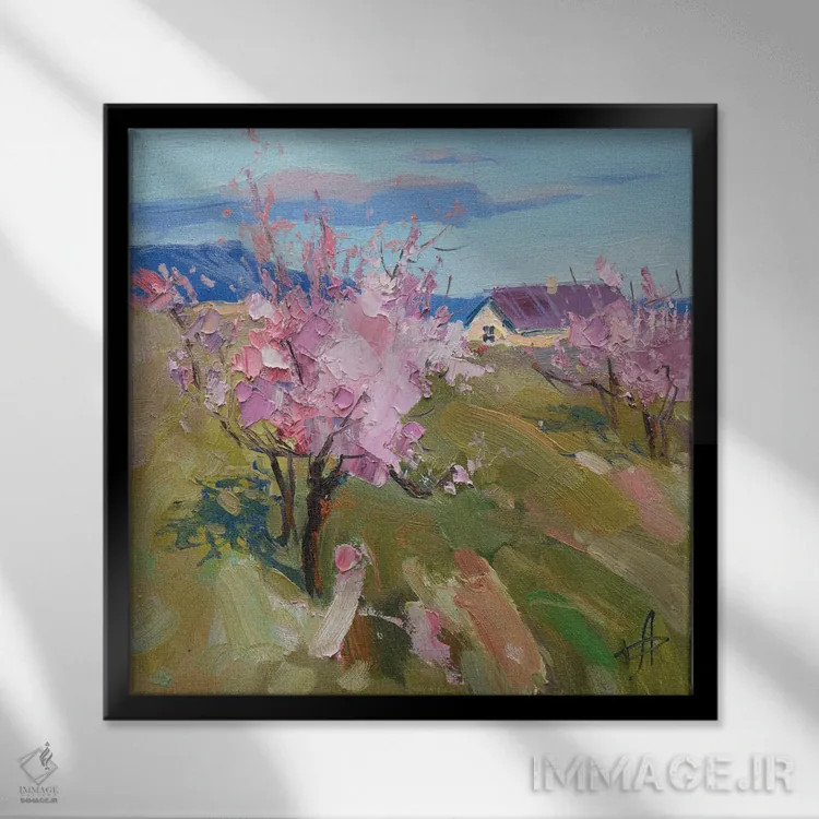 تابلو شکوفههای هلو در بهار اثر کنتس آرت (هنرمند یا استودیو) - نمای قابدار مشکی