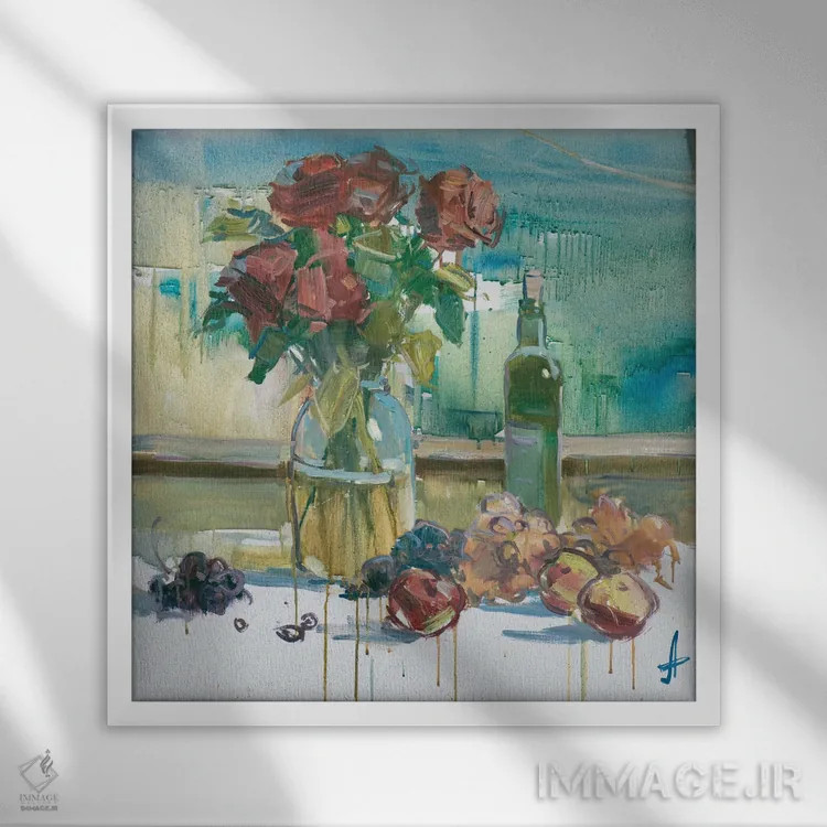 تابلو گل رز روی تراس اثر کنتس آرت (هنرمند یا استودیو) - نمای قابدار سفید