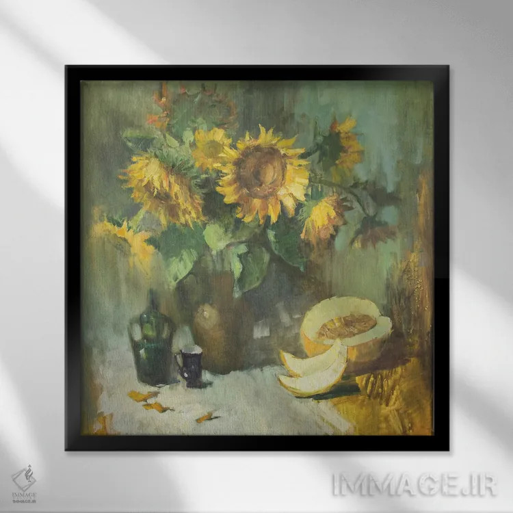 تابلو گل آفتابگردان و هندوانهها اثر کنتس آرت (هنرمند یا استودیو) - نمای قابدار مشکی
