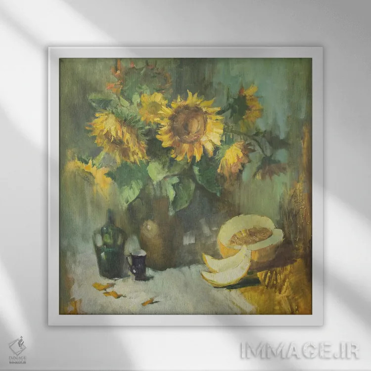 تابلو گل آفتابگردان و هندوانهها اثر کنتس آرت (هنرمند یا استودیو) - نمای قابدار سفید