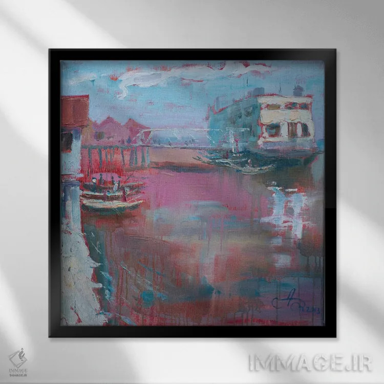 تابلو بندرگاه یانگون اثر کنتس آرت (هنرمند یا استودیو) - نمای قابدار مشکی