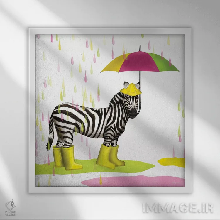 تابلو گورخر سافاری قطره باران اثر هیوگو ادوینز - نمای قابدار سفید