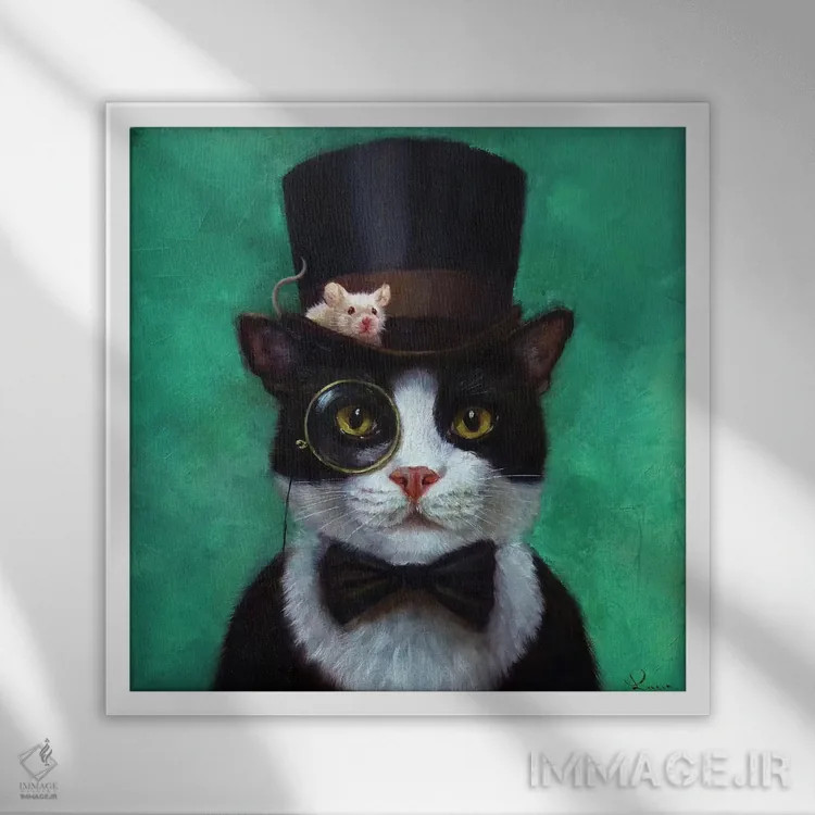 تابلو گربه تاکسیدو اثر لوسیا هفرنان - نمای قابدار سفید