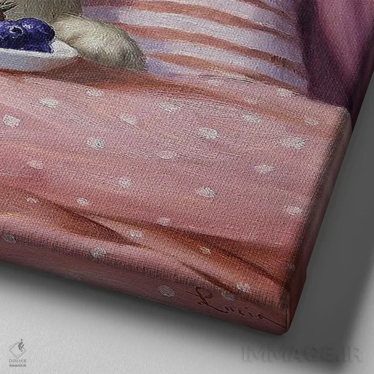 تابلو صبحانه در رختخواب اثر لوسیا هفرنان - نمای نزدیک بافت بوم