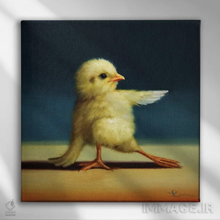 تابلو زانو خمیده (جوجه یوگاکار) اثر لوسیا هفرنان - نمای روبهرو روی دیوار