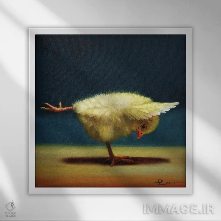 تابلو تیر تعادل (جوجه یوگاکار) اثر لوسیا هفرنان - نمای قابدار سفید