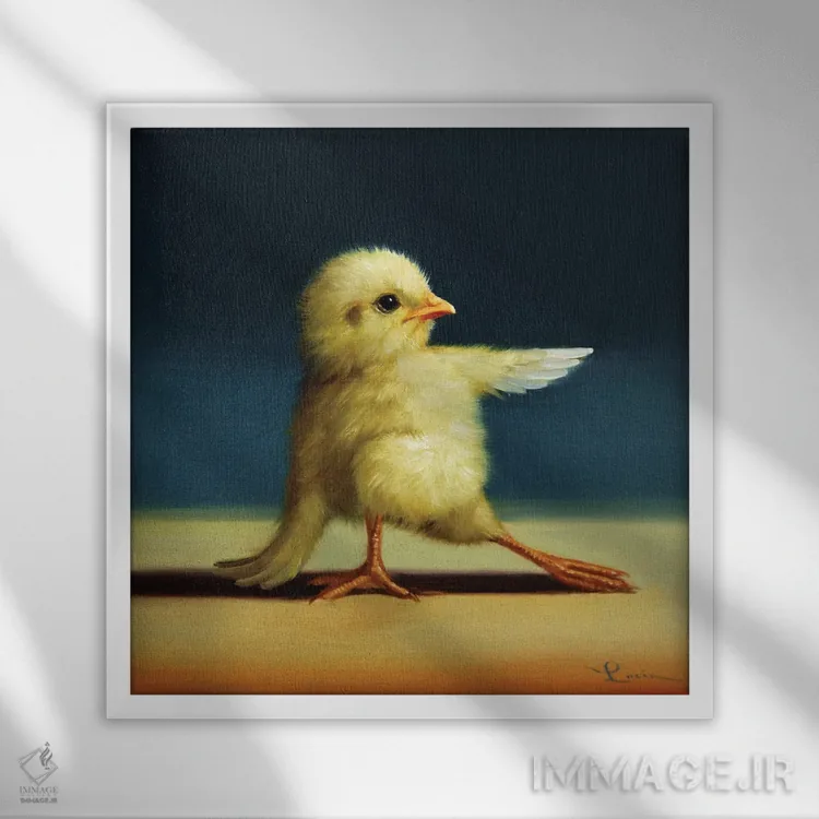 تابلو زانو خمیده (جوجه یوگاکار) اثر لوسیا هفرنان - نمای قابدار سفید