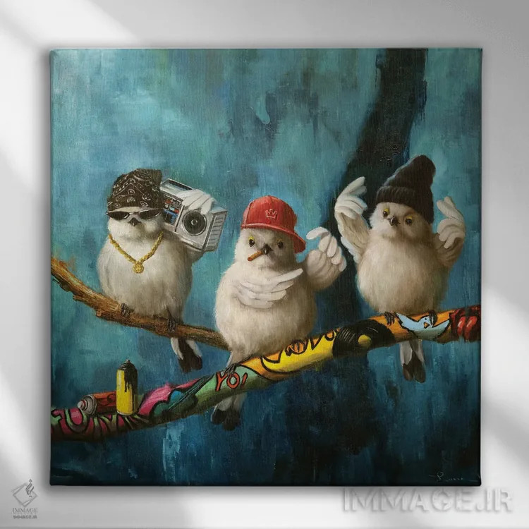 تابلو پرندهها در محله دو اثر لوسیا هفرنان - نمای روبهرو روی دیوار