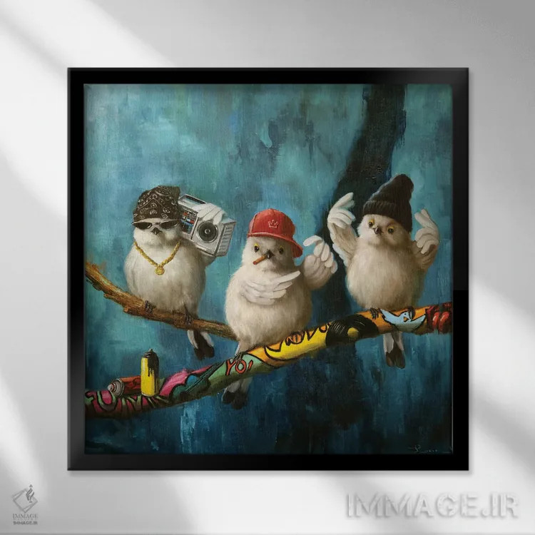 تابلو پرندهها در محله دو اثر لوسیا هفرنان - نمای قابدار مشکی