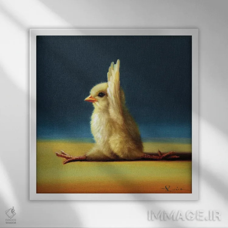 تابلو حالت میمون (جوجه یوگاکار) اثر لوسیا هفرنان - نمای قابدار سفید