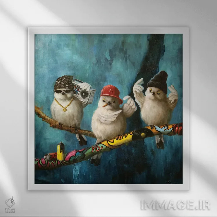 تابلو پرندهها در محله دو اثر لوسیا هفرنان - نمای قابدار سفید