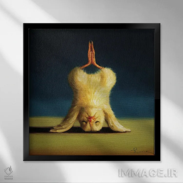 تابلو ایستادن روی سر به شکل نیلوفر (جوجه یوگاکار) اثر لوسیا هفرنان - نمای قابدار مشکی