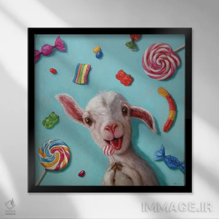 تابلو کودک در مغازه آبنبات فروشی (شادی و هیجان زیاد) اثر لوسیا هفرنان - نمای قابدار مشکی