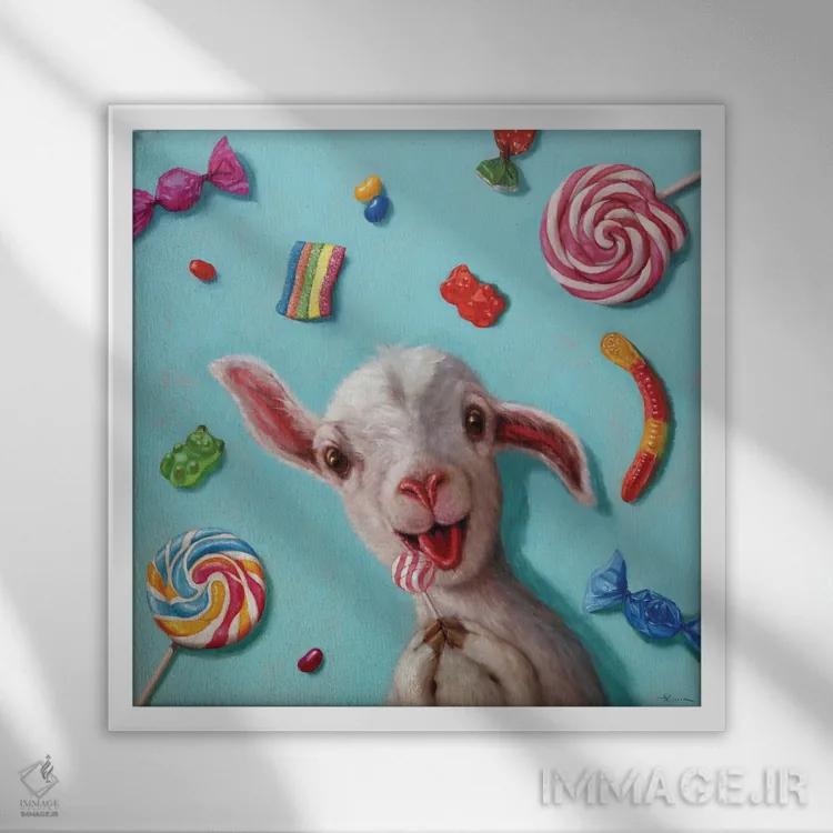 تابلو کودک در مغازه آبنبات فروشی (شادی و هیجان زیاد) اثر لوسیا هفرنان - نمای قابدار سفید