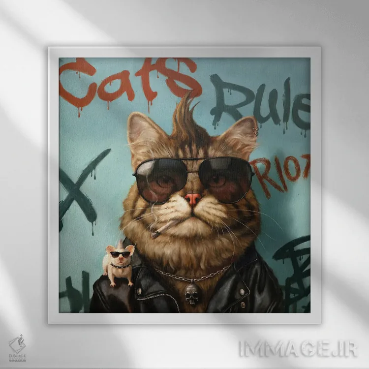 تابلو پوسی بد (گربهٔ بد) اثر لوسیا هفرنان - نمای قابدار سفید