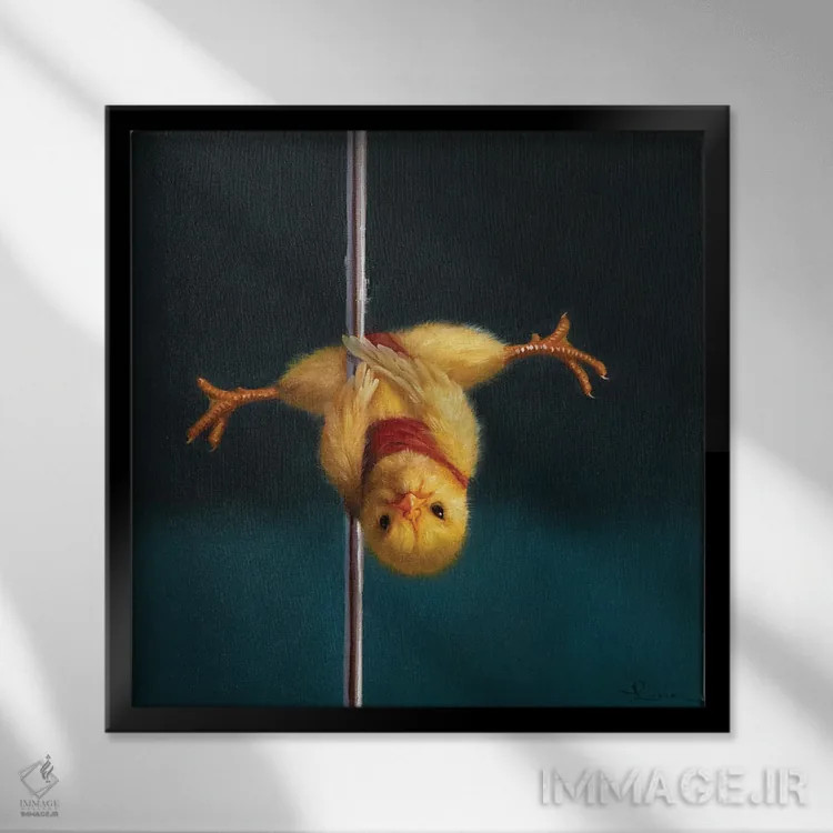 تابلو جوجه میلهای: وی وارونه (حرکت ورزشی) اثر لوسیا هفرنان - نمای قابدار مشکی