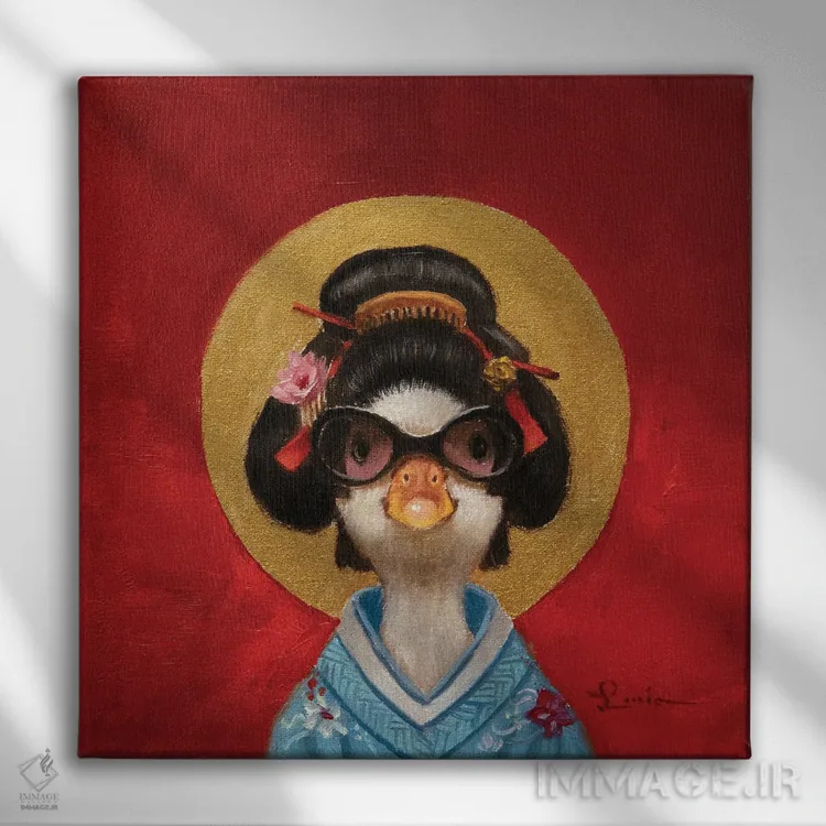 تابلو اردک گیشا (زن ژاپنی سنتی) اثر لوسیا هفرنان - نمای روبهرو روی دیوار