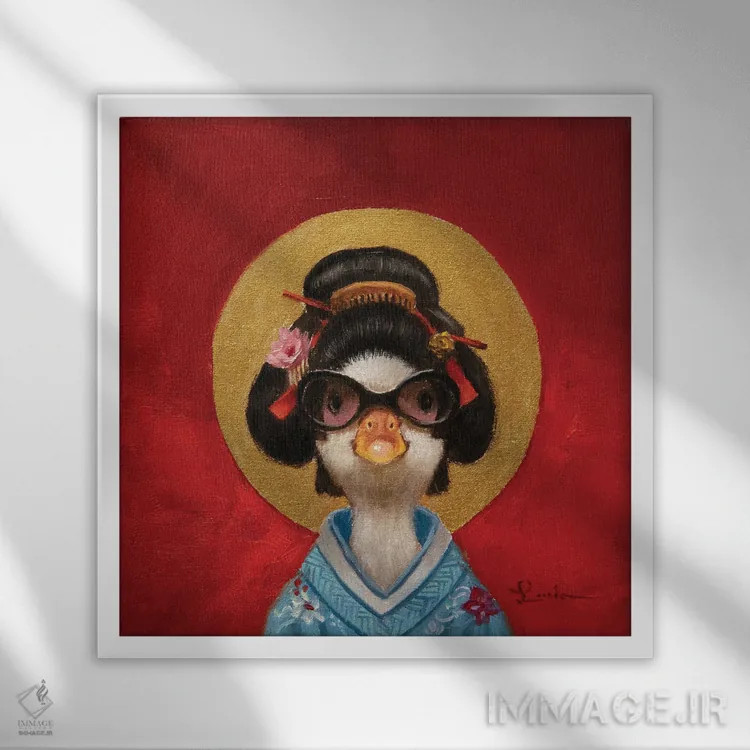 تابلو اردک گیشا (زن ژاپنی سنتی) اثر لوسیا هفرنان - نمای قابدار سفید