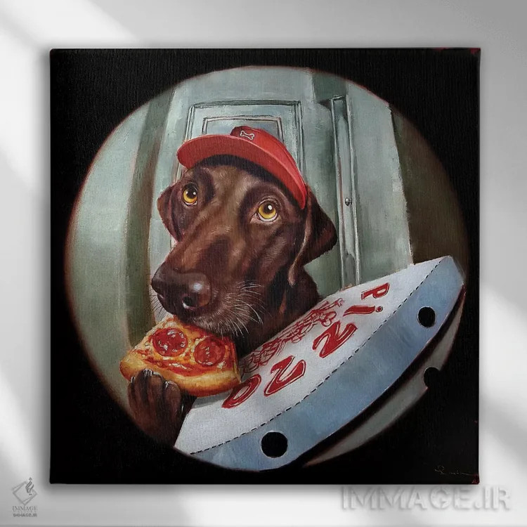 تابلو پوپرونی (بازی کلمهای: پپرونی و سگ) اثر لوسیا هفرنان - نمای روبهرو روی دیوار