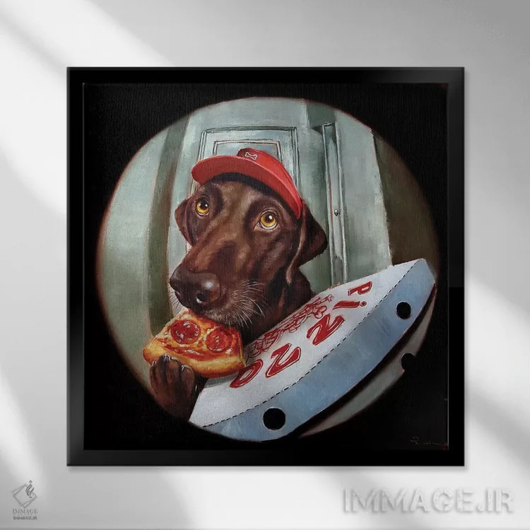 تابلو پوپرونی (بازی کلمهای: پپرونی و سگ) اثر لوسیا هفرنان - نمای قابدار مشکی