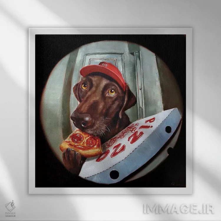 تابلو پوپرونی (بازی کلمهای: پپرونی و سگ) اثر لوسیا هفرنان - نمای قابدار سفید