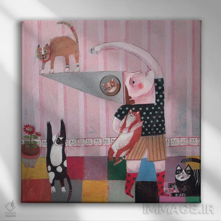 تابلو پسر عاشق گربه اثر هانیه قشقایی - نمای روبهرو روی دیوار