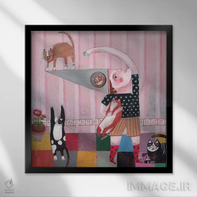 تابلو پسر عاشق گربه اثر هانیه قشقایی - نمای قابدار مشکی