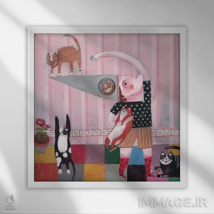 تابلو پسر عاشق گربه اثر هانیه قشقایی - نمای قابدار سفید