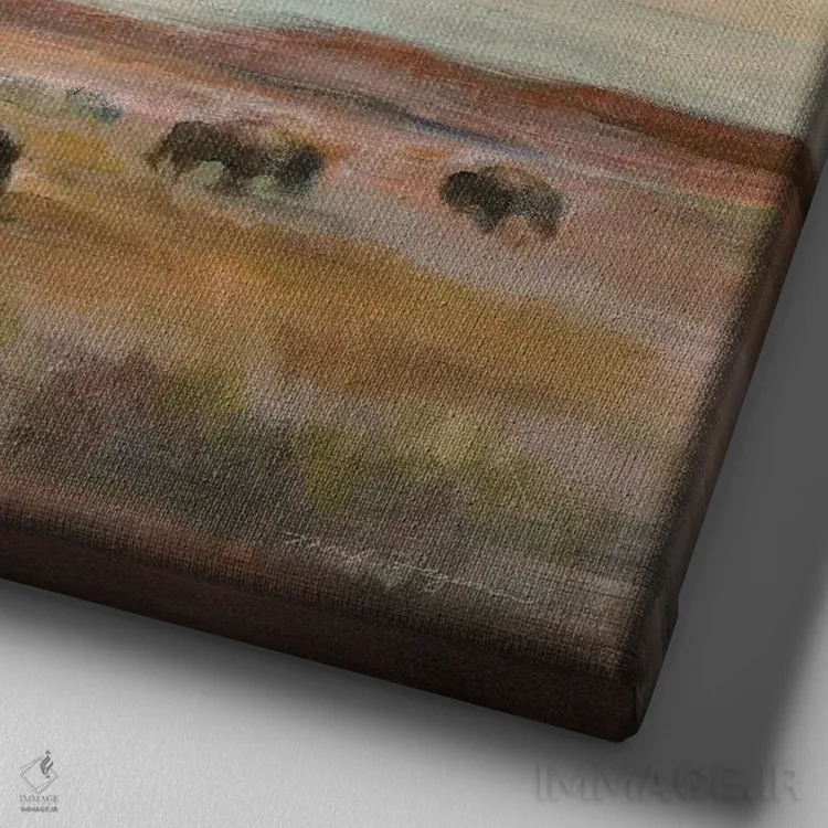 تابلو گله بوفالو زیر آسمان بزرگ و گرم اثر مریلین هاگمن - نمای نزدیک بافت بوم