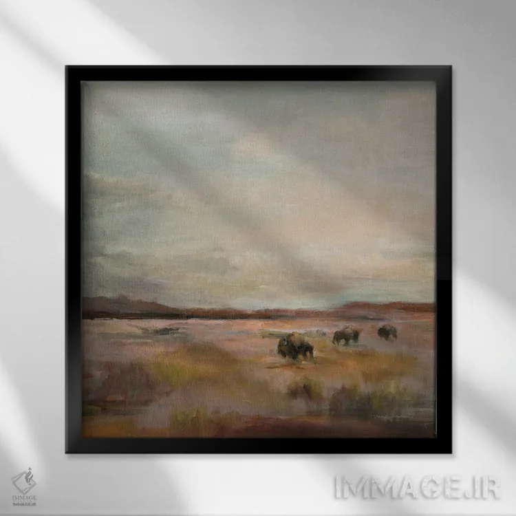 تابلو گله بوفالو زیر آسمان بزرگ و گرم اثر مریلین هاگمن - نمای قابدار مشکی