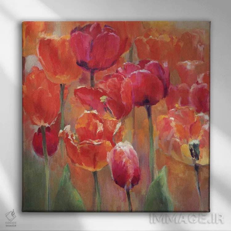 تابلو لالهها در میان سرخ (سمت چپ) اثر مریلین هاگمن - نمای روبهرو روی دیوار