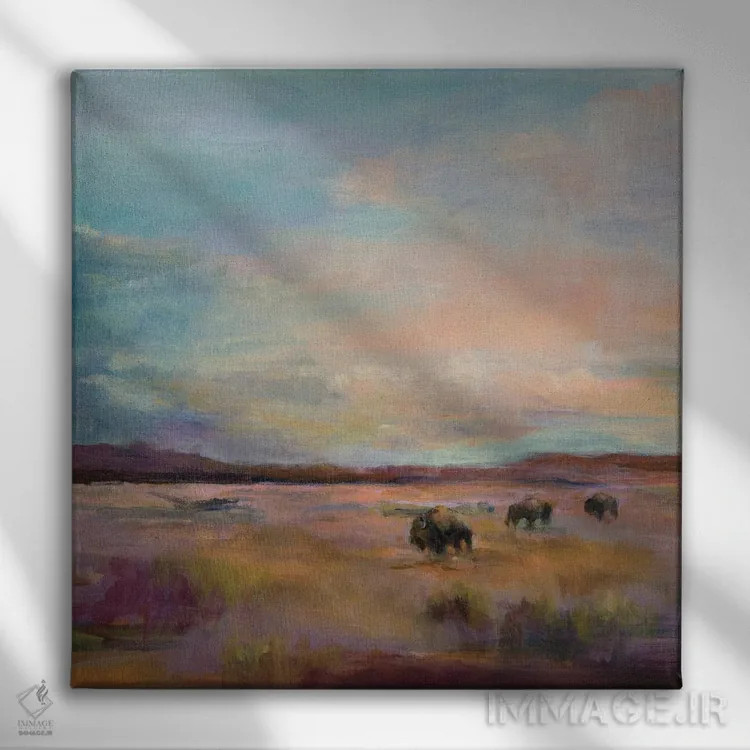 تابلو گله بوفالو زیر آسمان بزرگ اثر مریلین هاگمن - نمای روبهرو روی دیوار