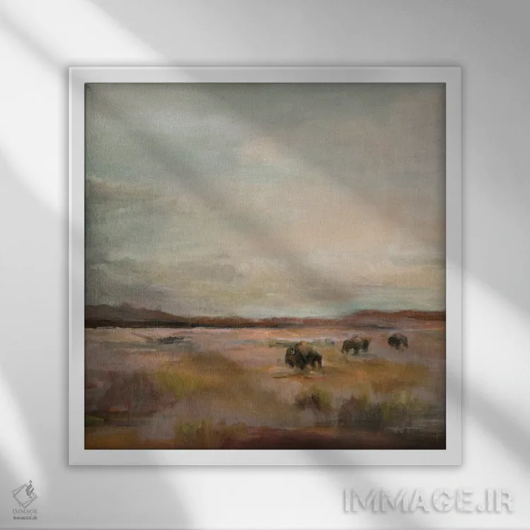 تابلو گله بوفالو زیر آسمان بزرگ و گرم اثر مریلین هاگمن - نمای قابدار سفید