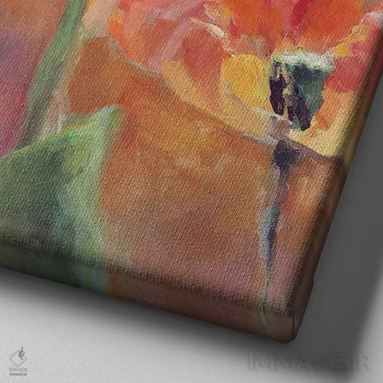 تابلو لالهها در میان سرخ (سمت چپ) اثر مریلین هاگمن - نمای نزدیک بافت بوم