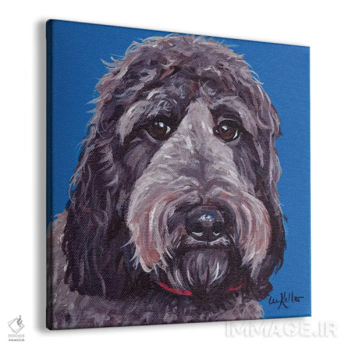 تابلو لابرادودل سیاه روی پسزمینه آبی اثر هیپی هاوند استودیوز (استودیو هنری) - نمای پرسپکتیو محصول