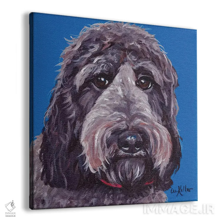 تابلو لابرادودل سیاه روی پسزمینه آبی اثر هیپی هاوند استودیوز (استودیو هنری) - نمای پرسپکتیو محصول