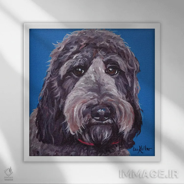 تابلو لابرادودل سیاه روی پسزمینه آبی اثر هیپی هاوند استودیوز (استودیو هنری) - نمای قابدار سفید