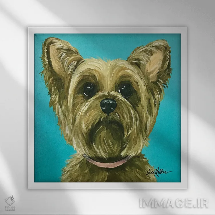 تابلو یورکی روی پسزمینه فیروزهای اثر هیپی هاوند استودیوز (استودیو هنری) - نمای قابدار سفید