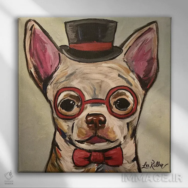 تابلو چیواوا با عینک اثر هیپی هاوند استودیوز (استودیو هنری) - نمای روبهرو روی دیوار