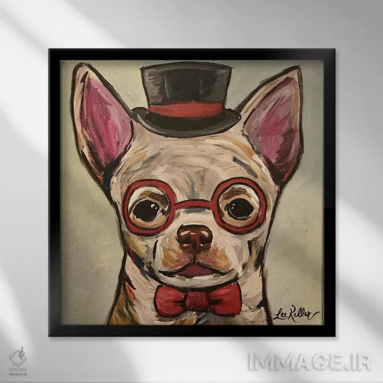 تابلو چیواوا با عینک اثر هیپی هاوند استودیوز (استودیو هنری) - نمای قابدار مشکی