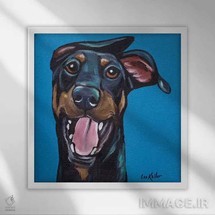 تابلو دابرمن بامزه اثر هیپی هاوند استودیوز (استودیو هنری) - نمای قابدار سفید