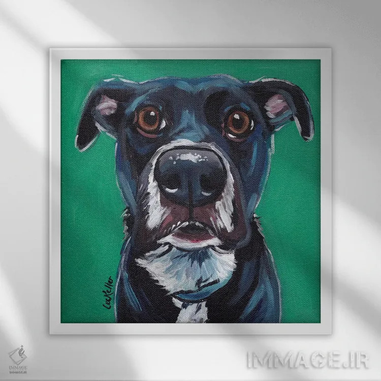 تابلو سگ سیاه پر احساس روی زمردی اثر هیپی هاوند استودیوز (استودیو هنری) - نمای قابدار سفید