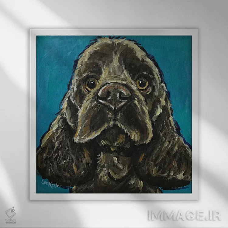 تابلو کوکر اسپانیل روی سبزآبی اثر هیپی هاوند استودیوز (استودیو هنری) - نمای قابدار سفید